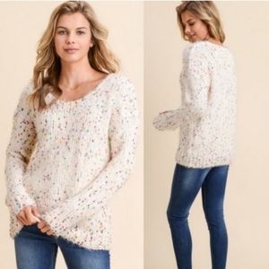 Doe & Rae cream rainbow popcorn eyelash v-neck sweater